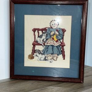 Needlepoint Artwork of Girl With Cats 13" x 10" Framed & Matted grant core